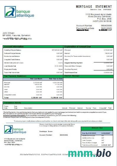 Kamerun Bank Atlantic wyciąg z kredytu hipotecznego szablon Word i PDF